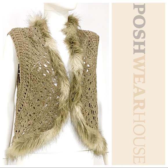 Relativity Sweaters - Brown, Off White & Gray Knit Faux Fur Sweater Vest